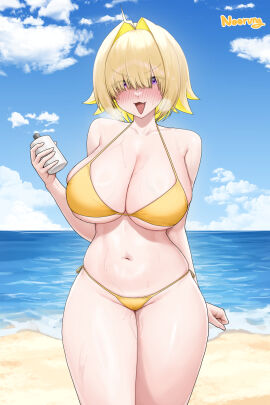 1girls beach bikini blonde_hair blush breasts cleavage elegg_(nikke) female female_only goddess_of_victory:_nikke hair_over_eyes heavy_breathing huge_breasts looking_at_viewer noorung outdoors purple_eyes short_hair sunscreen swimsuit