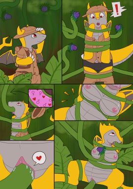 absurd_res bondage bound breast_expansion breast_growth breast_growth_(enlargement) breasts comic dragon expansion female force_feeding forced_exposure forest gender_transformation hi_res jungle male mythological_creature mythological_scalie mythology penetration plant plant_tentacles questionable_consent rollerrobert scalie solo surprise tentacle transformation tree