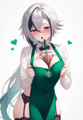 1girls apron arlecchino_(genshin_impact) barista between_breasts blush boba_tea breast_hold breasts bubble_tea_challenge convenient_breasts drink drink_on_breasts drinking drinking_straw employee employee_uniform female female_only garter_belt garter_straps genshin_impact kawasaki large_breasts lingerie solo starbucks underwear