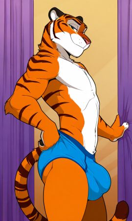 ai_generated briefs bulge canine gay male_only muscular solo thick_thighs tiger tiger_dancer_(zootopia) underwear yaoi zootopia