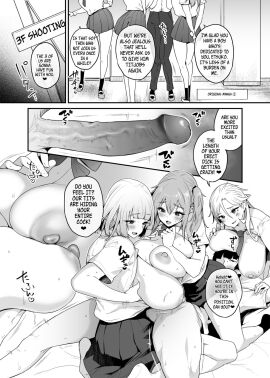 3girls1boy big_breasts big_nipples big_penis blushing_female breast_on_head breasts double_paizuri doujinshi female group male no_penetration paizuri_committee penis