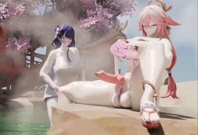 1futa 1girls 3d animated balls bansimp canine_penis futanari genshin_impact hot_spring hoyoverse huge_balls mihoyo mp4 no_sound pink_hair purple_hair raiden_shogun steamy tagme video yae_miko