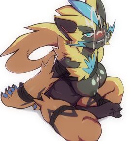 2025 anthro areola big_breasts black_body blue_eyes blush bodily_fluids bondage bound breasts clenched_teeth cum cum_on_breasts cum_on_face eyebrows feet female generation_7_pokemon genital_fluids glistening glistening_breasts hands_tied hi_res legendary_pokemon mcfli neck_tuft nintendo nipples nude one_eye_closed pawpads pokemon pokemon_(species) sitting solo teeth tuft yellow_body zeraora