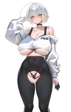1girls absurd_res ahoge anima_(togashi) ass_visible_through_thighs bare_shoulders black_panties black_pants black_tank_top blue_eyes breasts cellphone choker cleavage clothing_cutout covered_navel crop_top female fila highleg highleg_panties holding_object huge_breasts looking_at_viewer medium_hair mole mole_on_breast mole_under_eye nail_polish naofilia_(anima) off_shoulder original panties parted_lips pointy_ears simple_background solo solo_female sweat tank_top underboob underwear v white_background white_jacket yoga_pants