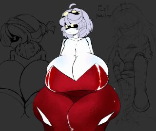 ass ass_bigger_than_head beanie breasts breasts_bigger_than_head cleavage clothed cyn_(murder_drones) doll_(murder_drones) eye_patch female female_only fuck_you hanging_breasts huge_ass huge_breasts hyper_ass hyper_breasts murder_drones no_bra prom_dress prom_queen red_dress revealing_clothes robot robot_girl sideboob u_nkno3ngrounds uzi_(murder_drones) v_(murder_drones)