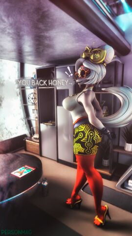 arms_behind_back female glasses gloves high_heels pers0nmag purah purah_(mayosplash) purah_(tears_of_the_kingdom) red_stockings round_glasses seductive skirt tail tears_of_the_kingdom text the_legend_of_zelda white_body white_fur white_hair