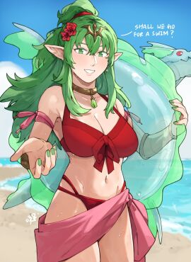 1girls alternate_costume beach bikini blue_sky blush breasts cleavage day earrings english_text female female_only fingernails fire_emblem fire_emblem_awakening fire_emblem_heroes flower green_eyes green_hair green_nails grin hair_between_eyes hair_flower hair_ornament highres holding holding_swim_ring innertube inviting jewelry large_breasts long_hair looking_at_viewer navel nintendo ocean official_alternate_costume outdoors pink_sarong pointy_ears ponytail reaching reaching_out reaching_towards_viewer red_bikini red_flower red_swimsuit sakuremi sand sarong sidelocks signature sky smile solo stomach swim_ring swimsuit text tiki_(fire_emblem) tiki_(fire_emblem)_(adult) water