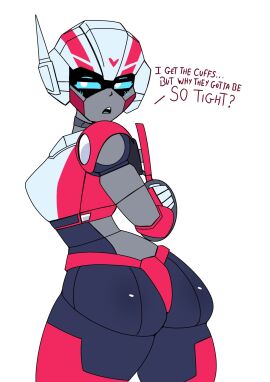 1girls arcee ass big_ass blue_eyes female freakyyto handcuffs helmet magenta_panties panties robot robot_girl robot_humanoid thighhighs thighs transformers