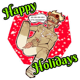 1boy 2024 amputee blonde_hair blush cherishedlemon christmas cum cum_on_body cumshot double_amputee junkrat male male_focus male_only masturbation nipples overwatch penis solo solo_focus solo_male tan_lines tan_skin tongue tongue_out