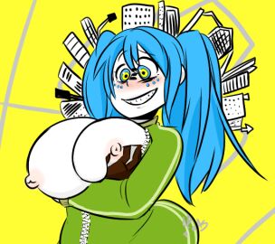1girls aqua_eyes aqua_hair breasts breasts_out city colored_skin crazy_eyes crazy_smile female green_jacket hatsune_miku huge_breasts jacket matryoshka_(vocaloid) mv_character nipples solo twintails vallycuts vocaloid white_skin yellow_background zipper