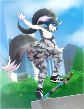 animal_ears ass black_hair blue_eyes breasts day female full_body furry large_breasts looking_at_viewer multicolored_hair outdoors sky smile solo tail tree underboob white_hair