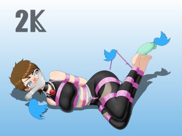 ball_gag blue_eyes bondage bound brown_hair cant1ndausername crotch_rope female femsub fully_clothed gag gag_around_neck glasses rope short-haired_female short_hair simple_background tape tape_gag taped_mouth tight_clothing twitter twitter_bird
