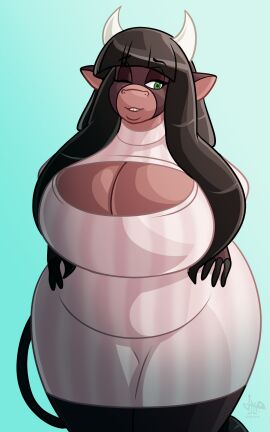 :3 anthro bangs black_hair blue_background bovid bovine breasts brown_body cow cow_ears cow_horns cow_nose cow_tail eyelashes female furry furry_female giantess green_eyes hands_on_hips jamearts large_breasts large_female long_hair mini_giantess one_eye_closed simple_background slightly_chubby smile smiling summer_(jwinkz) tail thick_thighs wide_hips wink