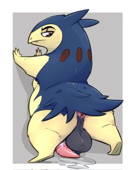 animal_genitalia anthro anus ass balls bodily_fluids brown_eyes cum eye_scar facial_scar feral generation_2_pokemon genital_fluids genitals hi_res honeymono leaning leaning_forward looking_down male male_only mammal mustelid narrowed_eyes nintendo nipples penis penis_on_floor pokemon pokemon_(species) scar semi-anthro simple_background slightly_chubby solo typhlosion