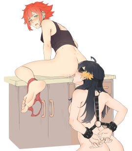 2girls absurdres ahoge arms_behind_back ass back barefoot blindfold blue_hair blush bondage borrowed_character bottomless bound bound_arms cuffs cunnilingus duo english_commentary feet female femsub green_eyes gyger_been gygerbeen_rtl06 harness highres long_hair multiple_females multiple_girls open_mouth oral orange_hair original panties_around_one_ankle pussy pussy_juice short_hair simple_background soles tank_top toes tongue white_background wrist_cuffs yuri