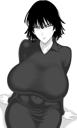 big_breasts curvy fubuki_(one-punch_man) hourglass_figure large_breasts leroz3 looking_at_viewer monochrome seductive sexy sitting soft_breasts stretched_clothing thighs wide_hips