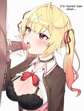 1boy black_bra blonde_hair blush bow bowtie bra breasts brown_jacket choker clothes_pull collared_shirt cum cum_in_mouth cum_on_tongue english_text fellatio female hair_ornament hair_ribbon heterochromia highres hoshikawa_sara hoshikawa_sara_(2nd_costume) jacket kenken_(keuken) large_breasts licking licking_penis long_hair male multicolored_hair nijisanji open_clothes open_jacket open_mouth oral penis penis_grab red_bow red_bowtie red_eyes ribbon shirt shirt_pull solo_focus streaked_hair tongue tongue_out two_side_up uncensored underwear virtual_youtuber x_hair_ornament yellow_eyes