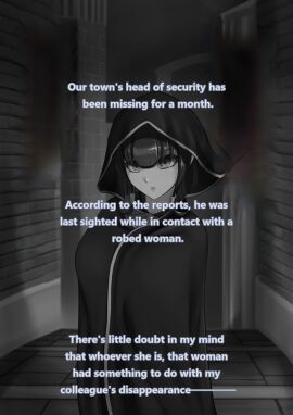 breasts brown_hair card charm_(spell) cleavage dialogue female_only femdom greyscale hard_translated heart hypnotic_breasts large_breasts mind_break nail_polish navel nisemono pink_eyes pov_sub robe seductive_smile text translated
