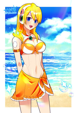 :d alia alia_(mega_man) armlet arms_behind_back bare_shoulders beach big_breasts bikini blonde_hair blue_eyes blue_sky breasts capcom cleavage cloud commentary_request cowboy_shot day female groin hair_between_eyes headphones highres jewelry joints large_breasts long_hair looking_at_viewer mega_man mega_man_(series) mega_man_x mega_man_x_(series) mega_man_x_dive navel ocean official_alternate_costume open_mouth orange_bikini orange_sarong orange_swimsuit rikka_(user_hruv2435) robot_ears robot_girl robot_joints sarong sidelocks signature sky smile solo standing swimsuit swimsuit_alia_(mega_man) swimsuit_alia_(x_dive) teeth twitter_username upper_teeth_only