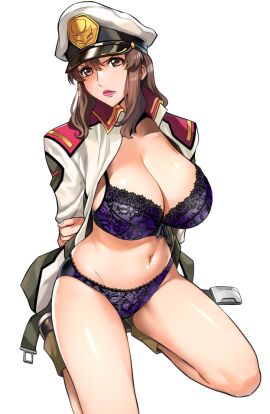 1girls aliasing breasts brown_hair embroidered_bra embroidered_panties female gundam gundam_seed hands_on_own_back hat highres itachou kneeling large_breasts lingerie midriff military_hat military_uniform murrue_ramius navel thick_lips underwear