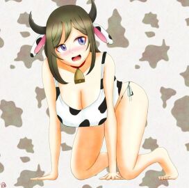 akashi_maho ass bagmozzarella blush bra breasts cow_ears cow_girl cow_print d4dj feet female huge_breasts on_hands_and_knees panties sweatdrop tears watermark wide_hips