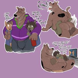 aged_up ambiguous_penetration anthro arm_around_neck azathura balls barazoku beard bedroom_eyes belly big_balls big_belly big_bulge body_hair brown_body brown_fur bulge butt_hair canid canine canis chest_hair collar cuddling domestic_dog ear_piercing ear_ring facial_hair fur genitals gesture grey_hair group hair hairy_balls hairy_male hand_gesture hand_on_penis hanna-barbera hi_res huge_bulge jewelry male mammal mature_male meme mottled mottled_body mottled_fur musclegut muscular narrowed_eyes necklace nude obese obese_anthro obese_male overweight overweight_anthro overweight_male penetration penis piercing pogchamp ring_piercing scooby-doo scooby-doo_(character) seductive smile smirk thick_penis trio v_sign watching_television