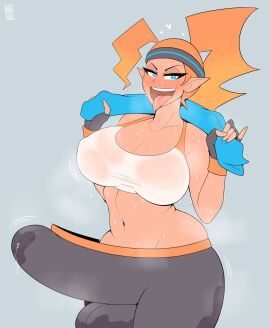 1futa 2020 abs androjuniarto ass balls balls_bulge balls_under_clothes blue_eyes blush breasts bulge bulge_through_clothing cameltail cleavage curvy dark-skinned_futa dark_skin erection erection_under_clothes female fingerless_gloves futa_only futa_sans_pussy futanari grey_background gym_uniform heart horny huge_ass huge_breasts huge_cock hyper hyper_balls hyper_penis impossible_clothes intersex looking_at_viewer orange_hair penis penis_bulge penis_under_clothes pointy_ears ponytail precum precum_drip precum_through_clothing ring_fit_adventure ring_fit_trainee_(female) see-through_top solo sports_bra sweat sweatband tenting thick_thighs tongue tongue_out wet wide_hips workout_clothes yoga_pants