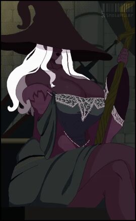 animated areola areolae big_breasts breasts crossed_legs curvy dark_skin elden_ring elden_ring_nightreign female fromsoftware gif large_breasts pixel_art pulling_down_dress recluse_(nightreign) shotaalter smiling_at_viewer witch_hat