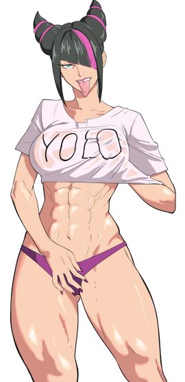 1girls abs athletic athletic_female black_hair blue_eyes breast_grab breast_grab_under_clothes breasts cowboy_shot female female_only green_eyes hair_over_one_eye hand_on_breast horny juri_han looking_at_viewer nail_polish navel octavius_dp painted_nails panties simple_background solo standing street_fighter sweat sweaty_body text_on_clothing thick_thighs thighs tongue tongue_out two-tone_hair wet wet_clothes wet_skin