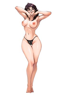 absurd_res areolae armpits belly breasts brown_hair dark_hair feet female genjiruu glasses hi_res hourglass_figure human killjoy_(valorant) large_breasts light-skinned_female light_skin long_hair looking_at_viewer navel nipples painted_nails panties panties_only pinup pose simple_background slim_waist solo straight_hair thighs topless valorant wide_hips