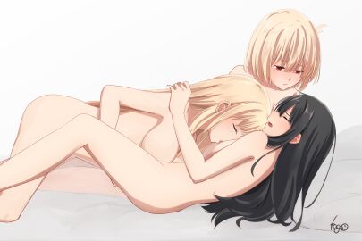 3girls black_hair blonde_hair blush breasts closed_eyes crossover dominant_female female female/female female_on_top female_only female_orgasm fff_threesome fingering fingering_partner fingering_pussy grabbing grabbing_another's_arm human inoue_takina kitagawa_marin lesbian_sex long_hair looking_at_partner lycoris_recoil lying lying_on_back lying_on_person multiple_females multiple_girls nipple_licking nipple_play nipples nishikigi_chisato nude nude_female pussy pussy_juice short_hair sono_bisque_doll_wa_koi_wo_suru sucking_nipples threesome yuri