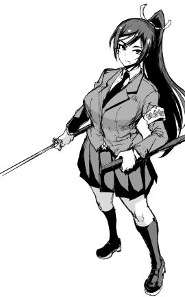 1girls armband beauty_mark closed_mouth fan_no_hitori female greyscale grin hair_band jacket jk_taimabu katana kneehighs kumashiro_reika necktie ponytail rough_sketch school_uniform sheath shirt shoes skirt third-party_edit unsheathed weapon
