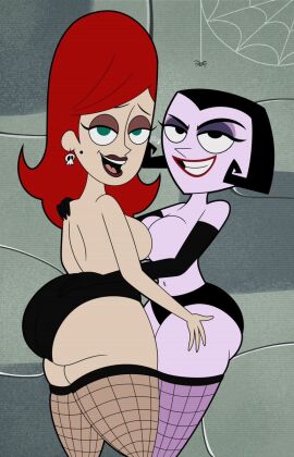 2d 2girls altzegoz_(artist) ass atrocia big_ass breasts female long_hair looking_at_viewer malaria multiple_females multiple_girls no_bra pinup purple_body purple_skin red_hair short_hair the_grim_adventures_of_billy_and_mandy thiccgirls thick_thighs thighhighs thighs