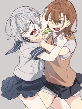 2girls a_certain_high_school_uniform accelerator_(to_aru_majutsu_no_index) albino annoyed black_skirt blue_sailor_collar blue_skirt brown_eyes brown_hair brown_sweater_vest catfight cosmetics cowboy_shot female female_only fighting flower furrowed_brow genderswap genderswap_(mtf) grey_background hair_flower hair_ornament hand_on_another's_face holding holding_lipstick_tube lipstick_tube looking_at_another medium_hair miniskirt misaka_mikoto multiple_females multiple_girls neckerchief one_eye_closed open_mouth pale_skin pepo_peropero red_eyes rule_63 sailor_collar school_uniform serafuku shirt short_sleeves shorts shorts_under_skirt sketch skirt standing summer_uniform suzushina_yuriko sweater_vest thighs to_aru_majutsu_no_index tokiwadai_school_uniform wavy_mouth white_hair white_neckerchief white_shirt