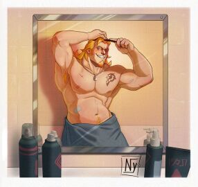 abs activision bara biceps blizzard_entertainment bottle chain_necklace grin male male_nipples male_only masculine_male mirror muscular muscular_male nipples nyaarr overwatch overwatch_2 pecs reinhardt scar signature yaoi