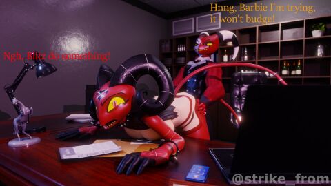 3d_(artwork) barbie_wire blender blitzo_(helluva_boss) brother_and_sister commission doggy_style helluva_boss incest siblings strikefrommidnight struggling struggling_to_get_out stuck_together