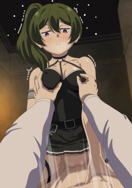 1boy 1girls arm_strap armlet aroused bare_shoulders belt black_belt black_dress blush breast_grab breasts censored censored_pussy choker closed_mouth clothed_sex collarbone covered_nipples cowgirl_position dbmaster dress embarrassed female female_human female_on_top grabbing grabbing_another's_breast green_hair hair_between_eyes highres human human_male light-skinned_female light_skin long_hair looking_pleasured male medium_breasts nipple_stimulation nipple_tweak penis pov pov_eye_contact pov_hands purple_eyes pussy riding_penis sex side_ponytail skirt slim_waist solo_focus sousou_no_frieren straddling straight thigh_strap ubel_(sousou_no_frieren) vaginal_penetration variant_set