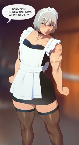 1boy absurd_res ambush_(trap) blurry_background blush choker combos-n-doodles crossdressing dialogue embarrassed english_text femboy girly looking_away maid maid_headdress maid_uniform male male_only metal_gear_solid metal_gear_solid_2 muscular muscular_male raiden_(metal_gear) solo speech_bubble stockings teeth_clenched thick_thighs white_hair