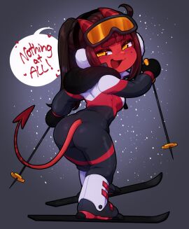 1girls ass bangs beauty_mark blunt_bangs brown_hair chibi chibi_style cold cute cutie demon demon_girl demon_horns demon_tail devil devil_girl devil_horns devil_tail female freckles freckles_on_face fully_clothed fur_trim hair horns jumpsuit long_hair looking_back meru_(merunyaa) merunyaa mole mole_under_eye multicolored_eyes original original_character ponytail red_skin reference skiing skiis smile smug solo speech_bubble stupid_sexy_flanders succubus succubus_horns succubus_tail tail the_simpsons_reference winter_clothes yellow_eyes