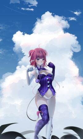 ahoge asymmetrical_legwear bangs blush bow breasts camila_(vtuber) cloud cloudy_sky day demon demon_girl demon_tail elbow_gloves female gloves horns indie_virtual_youtuber marking_below_eyes mismatched_legwear panties pink_hair pointy_ears purple_eyes short_hair sky smile solo tail thighhighs two_side_up underwear virtual_youtuber white_gloves