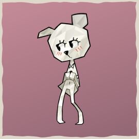 2d 2d_(artwork) animal_nose anthro bear bear_ears bear_girl big_eyes big_head blush blush_lines comfortik female humanoid lifting_skirt looking_down no_pussy no_underwear paper paper_body shy shy_girl simple_background slim slim_waist solo teri_(tawog) the_amazing_world_of_gumball white_body