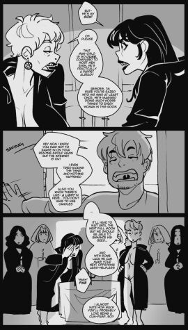 black_lipstick character_request comic english_text female goth goth_girl harem incest lipstick male monochrome mother mother_and_son not_enough_milk_(artist) original robe son witch