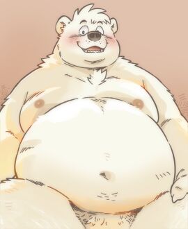 2024 anthro bear belly big_belly blush chest_tuft claws fangs front_view fur garouzuki grey_nose head_tuft hi_res looking_at_viewer male mammal monotone_body monotone_fur moobs navel nipples nude open_mouth open_smile overweight overweight_anthro overweight_male pink_nipples polar_bear pubes sharp_teeth simple_background sitting smile solo tan_background teeth tuft ursine white_body white_fur