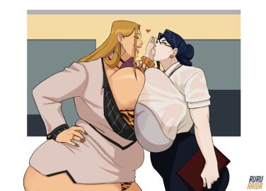 blonde_hair breasts business_suit chubby_female clothed_female dark_hair earrings eyes female glass_cup glasses hr_lady_(ruru-raida) oc office_lady original_character original_characters ruru-raida sales_lady_(ruru-raida) underwear uniform veiny_breasts white_skin yellow