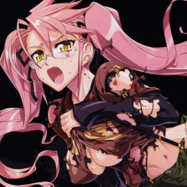 big_breasts black_background blood_on_body blood_on_face breasts brown_shirt color female female_focus female_only glasses hair_between_eyes highschool_of_the_dead long_hair long_twintails looking_at_viewer navel nipple_bulge no_bra official_art open_mouth pink_hair ribbon_in_hair satou_shouji saya_takagi spiked_hair torn_clothes twintails upper_body yellow_eyes