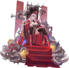 algerie_(azur_lane) algerie_(red_queen's_decree)_(azur_lane) azur_lane bare_shoulders black_thighhighs blue_eyes boots breasts cape cg crown female full_body fur_trim grey_hair high_heel_boots high_heels holding holding_staff horns large_breasts leotard long_hair looking_at_viewer mini_crown official_alternate_costume official_art pelvic_curtain purple_eyes red_footwear scepter silver_hair sitting smile solo staff stairs thighhighs thighs throne transparent_background very_long_hair white_hair