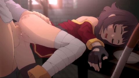 1boy 1girls against_table animated ass bandaged_leg butterchalk censored doggy_style drooling faithful_to_the_anime female fray_(fray_arts) kono_subarashii_sekai_ni_shukufuku_wo! male megumin mosaic_censoring pussy satou_kazuma sex sleeping vaginal_penetration