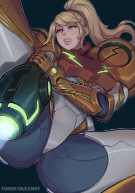 1girls 2d 2d_(artwork) armor armored_samus ass blonde_hair blue_eyes breasts female female_focus female_only fizzz hi_res high_resolution highres large_breasts metroid nintendo power_armor power_suit samus_aran sarah_bryant simple_background solo solo_female solo_focus
