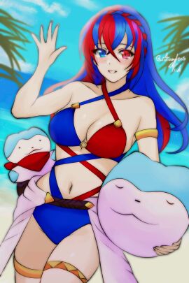 1girls alear_(fire_emblem) alear_(fire_emblem)_(female) alternate_costume bikini blue_bikini blue_eyes blue_hair blue_swimsuit braid breasts cleavage crossed_bangs crown_braid female female_only fire_emblem fire_emblem_engage hair_between_eyes heterochromia highres long_hair looking_at_viewer multicolored_hair nintendo red_bikini red_eyes red_hair red_swimsuit rotomdocs smile sommie_(fire_emblem) split-color_hair swimsuit two-tone_hair