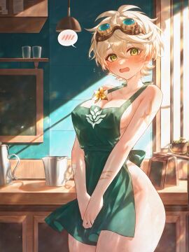 ahoge apron aqua_eyes ass bandaid bandaid_on_arm bandaid_on_face bare_arms bare_shoulders bennett_(genshin_impact) blue_eyes blue_flower blue_hair blue_skin blush body_markings breasts cafe cleavage coffee coffee_mug coffee_pot collarbone colored_skin counter covered_nipples covering_crotch covering_privates cowboy_shot cup day embarrassed eyewear_on_head female flower flying_sweatdrops genderswap_(mtf) genshin_impact goggles goggles_on_head green_apron green_eyes grey_hair hair_between_eyes indoors kettle kitchen large_breasts light_particles light_rays looking_at_viewer medium_breasts meme messy_hair ministro mug naked_apron nervous nose_blush open_mouth own_hands_together pale_skin pitcher_(container) rule_63 scar scar_on_arm scar_on_chest scar_on_face scar_on_leg scar_on_neck self_upload shadow shelf short_hair sideboob solo speech_bubble spoken_blush standing stove sunlight sweat sweatdrop table thick_thighs thighs v_arms wavy_mouth wet white_hair white_skin wide_hips window